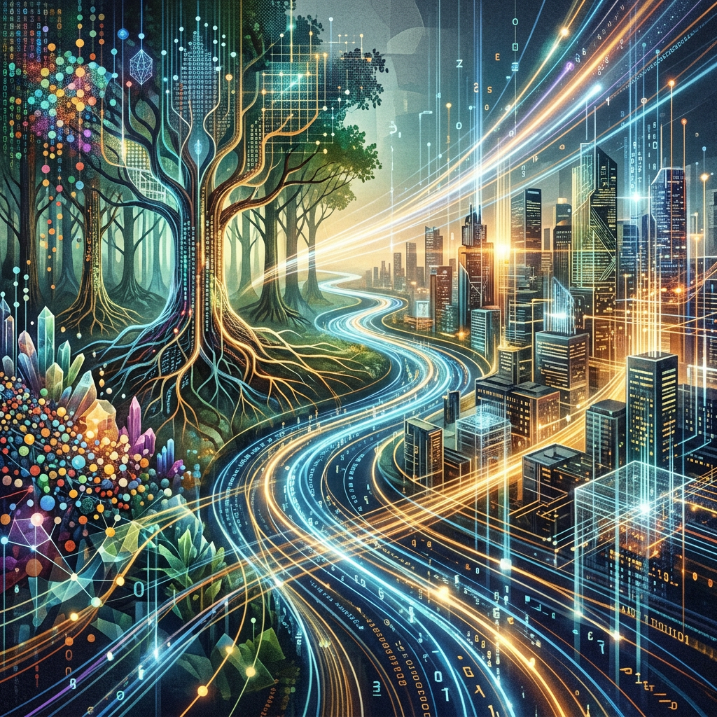 Digital data streams flowing from a forest to a futuristic city skyline
